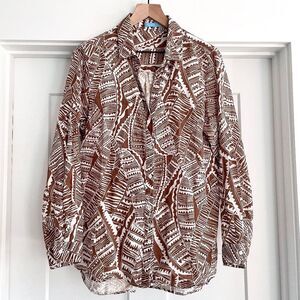 J. Mclaughlin Britt Linen Brown White Leaf Print Button Down Shirt Large